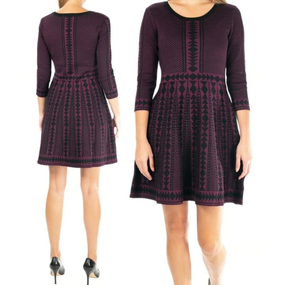 NWOT Nina Leonard Burgundy & Black Geometric Print Fit & Flare Dress 3/4 Sleeve